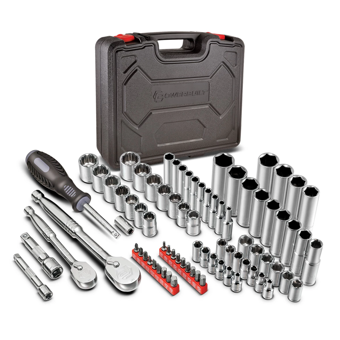 New 🔥 Powerbuilt 80 Pc.1/4 in. & 3/8 in. Dr. SAE & Metric Mechanics Tool Set - 642452 👏