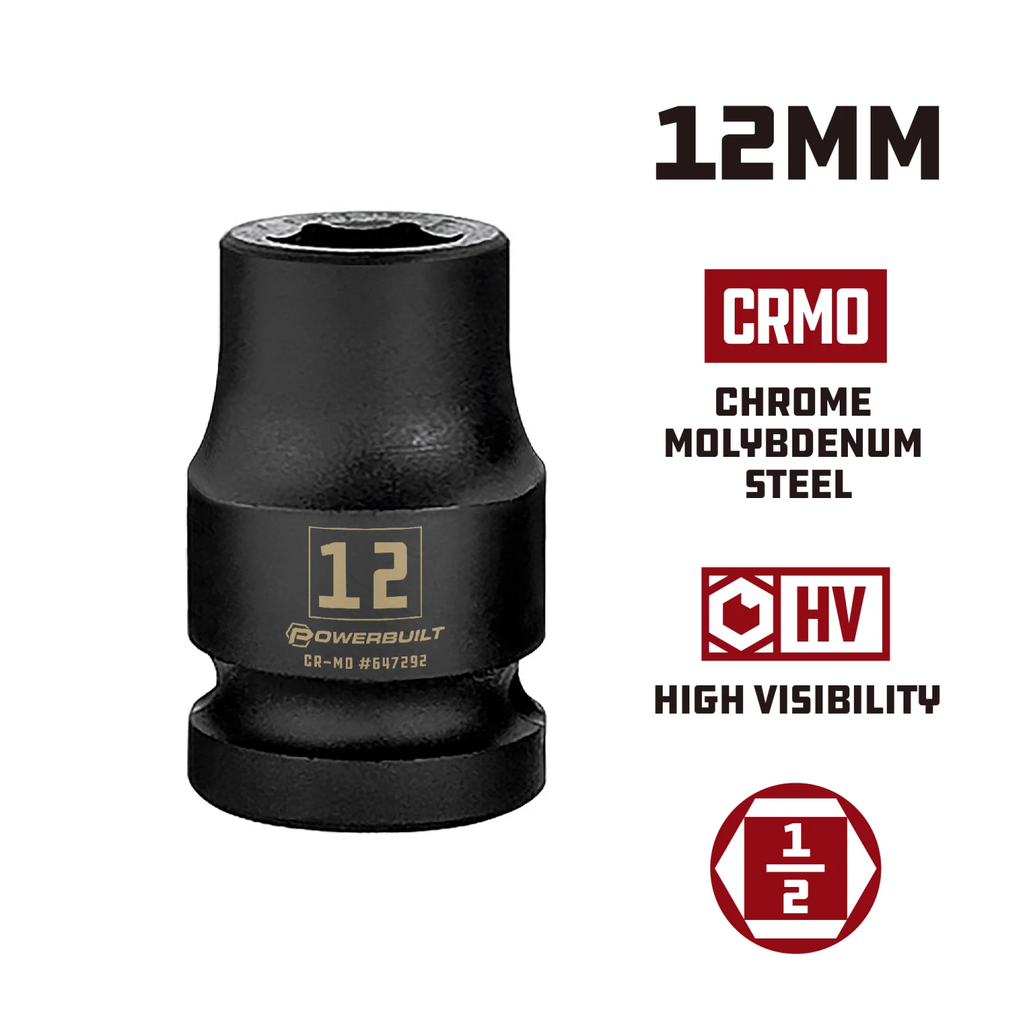 Best Sale ❤️ Powerbuilt 1/2 Inch Drive x 12 MM 6 Point Impact Socket - 647292 🔔 - Image 2