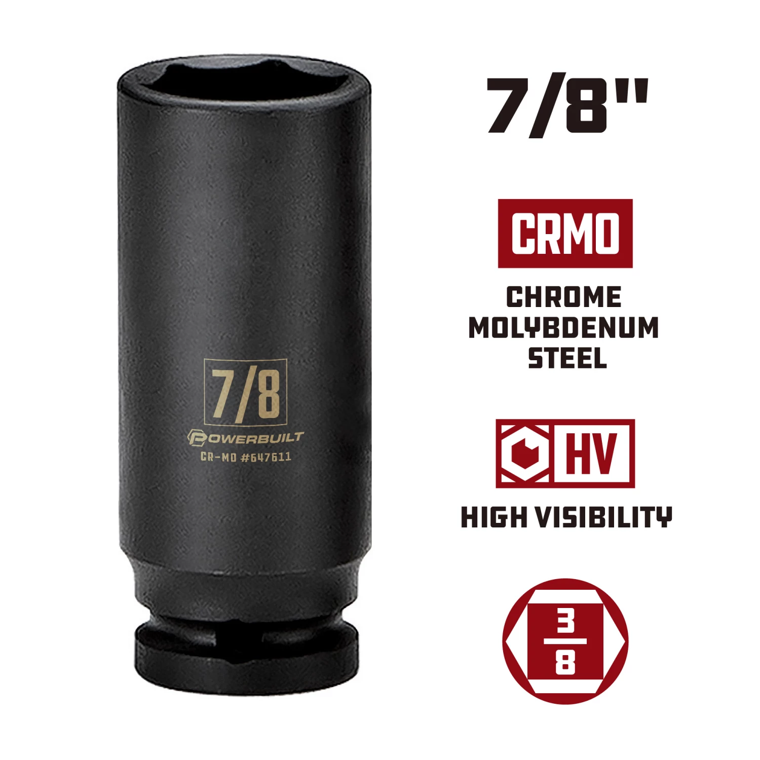 Hot Sale โญ Powerbuilt 3/8 in. Drive x 7/8 in. 6 Point Deep Well Impact Socket - 647611 ๐ - Image 5