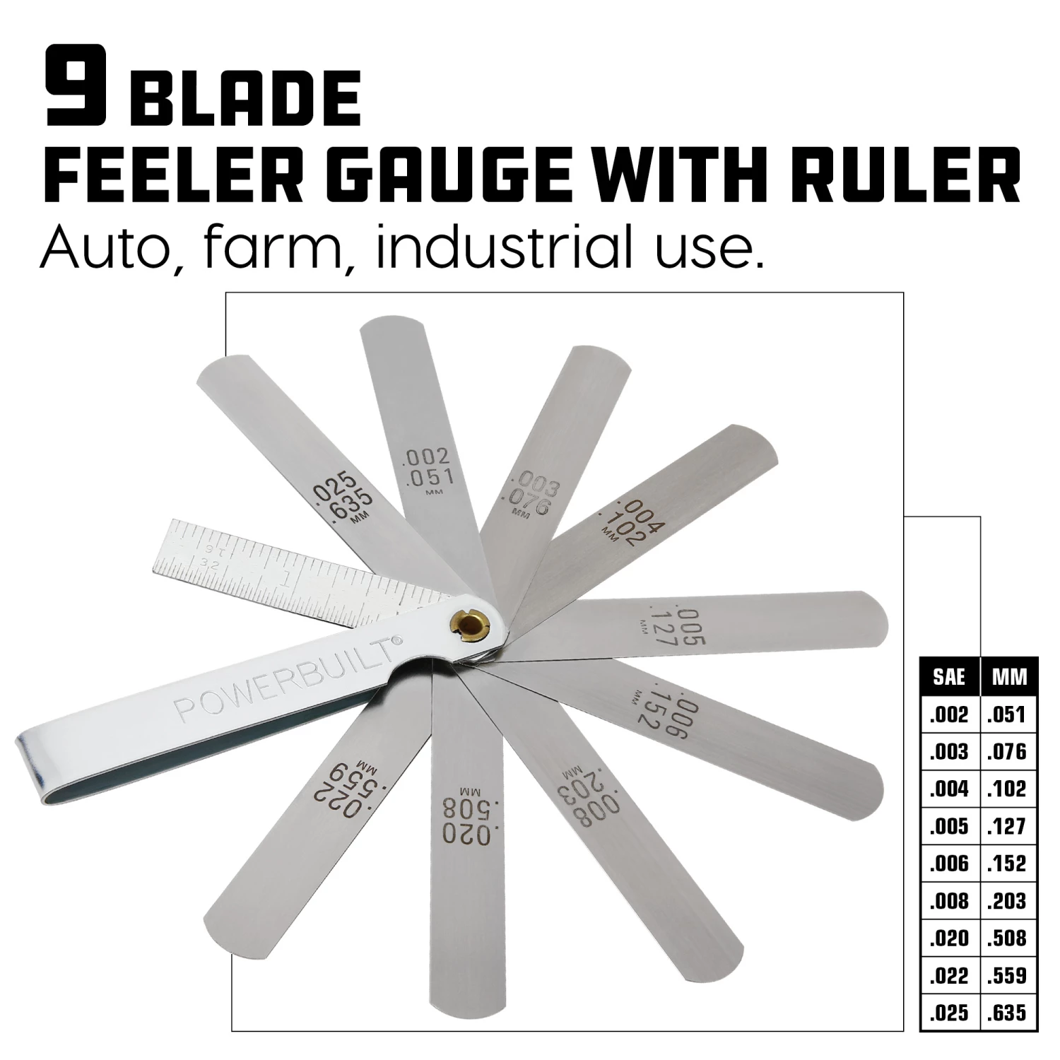 New 😀 Powerbuilt 9 Blade Feeler Gauge And Ruler - 648514 ✔️ - Image 2
