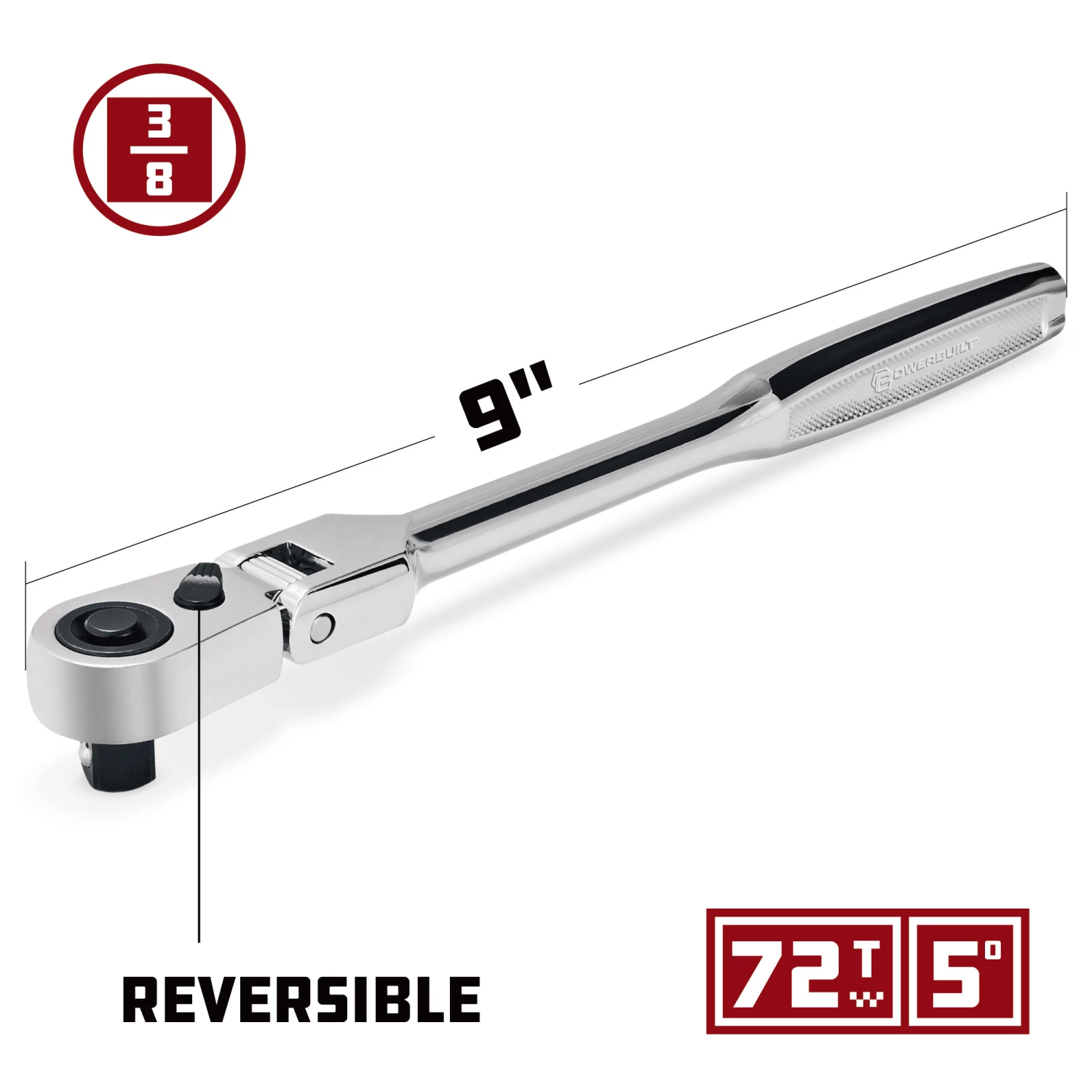 Budget 🥰 Powerbuilt 3/8 Inch Drive 72 Tooth Pro Tech 9 Inch Long Reach Flex Head Ratchet with Contour Handle - 649952 🧨 - Image 6