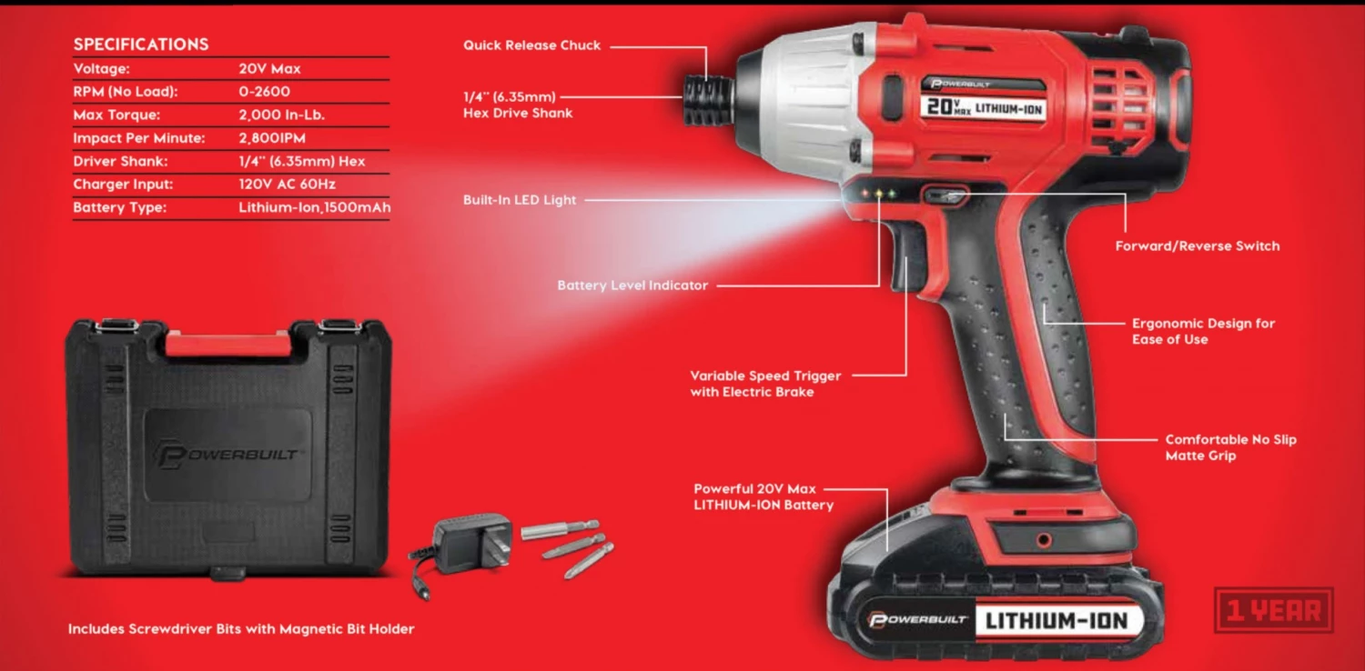 Flash Sale ๐ Powerbuilt 20V Lithium-Ion Cordless Impact Driver 1590 in-lbs with Case - 240132 โ๏ธ - Image 7