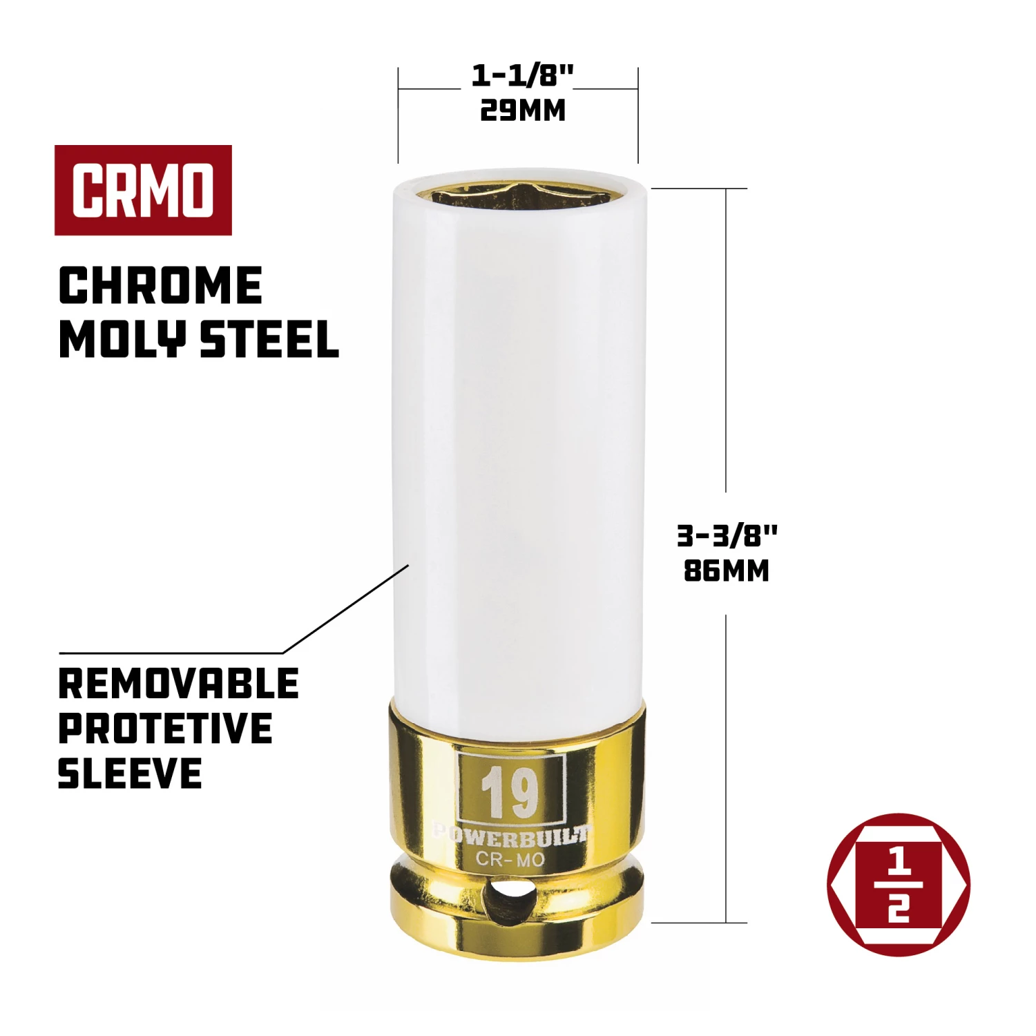 Outlet 🔔 Powerbuilt 1/2-Inch Drive Metric 19mm Lug Nut Socket w/ Sleeve, Impact Socket 💯 - Image 2