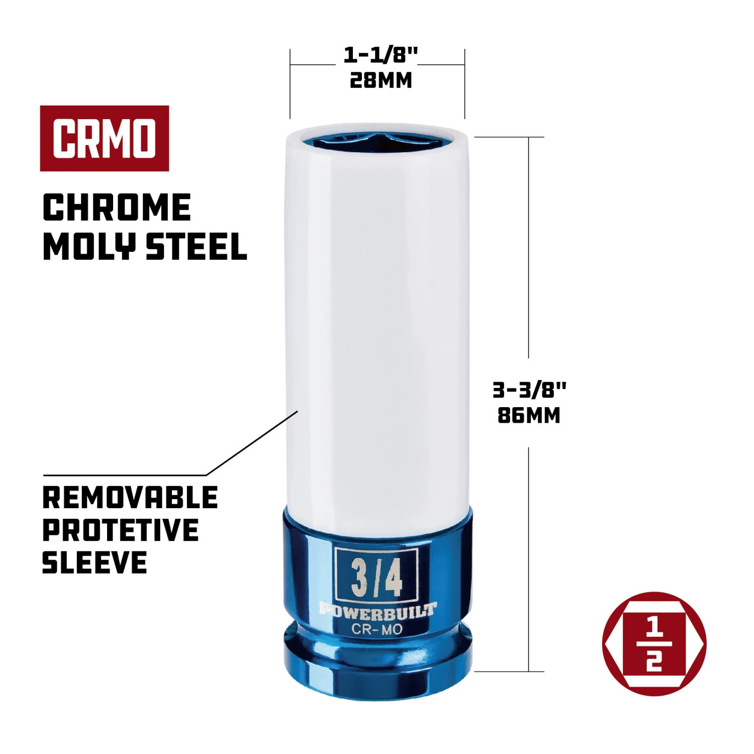 New π Powerbuilt 1/2-in. Dr. 3/4-in. Lug Nut Socket w/ Wheel Protector Sleeve - 941042 π - Image 2